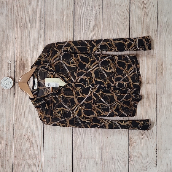 Ever B Mediun Black Brown Chain Women's Long Sleeve Blouse Top - Picture 1 of 5